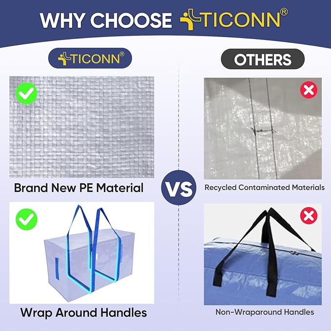 TICONN 12 Pack Extra Large Moving Bags Heavy Duty with Zippers & Carrying Handles, Durable Storage Bags Moving Boxes for Closet Organizers and Storage (12 Pack, Blue)