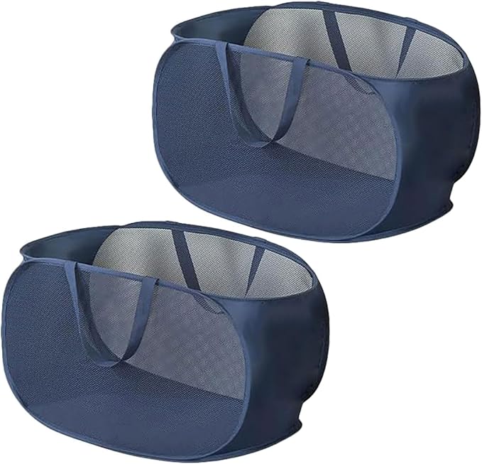 2 Piece Popup Mesh Laundry Basket Durable Handles Collapsible Laundry Baskets Folding Clothes Pastic Hamper for Laundry Room College Dorm (2 x Navy Blue)