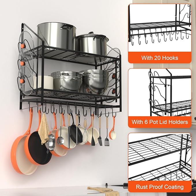 VyGrow 28 Inch Pot Rack Wall Mounted, 2 Tier Pots and Pans Organizer with 20 Hooks and 6 Pot Lid Holders, Heavy Duty Steel Pot and Pan Hanger for Kitchen Cookware Utensils Storage 34.7" Lx13 Wx26.4 H