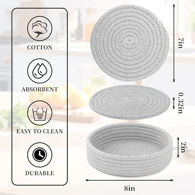 Trivets for Hot Dishes, Pots and Pans, Heat Resistant Hot Pads with Storage Basket, Pot Holders for Kitchen Countertop, Trivet Mats Home Essentials Farmhouse Decor (Grey 5 Pcs)