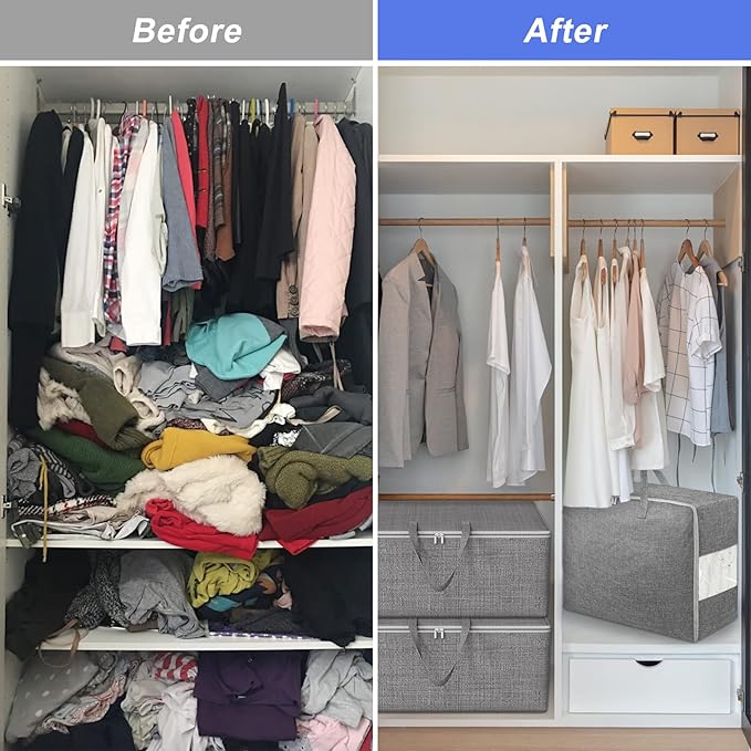105L Extra Large Storage Bags, Folding Moving Comforter Blanket Storage Bags Closet Organizers and Storage Containers for Clothes with Strong Handles&Zippers Clear Window for Bedding Pillow Grey 2Pack