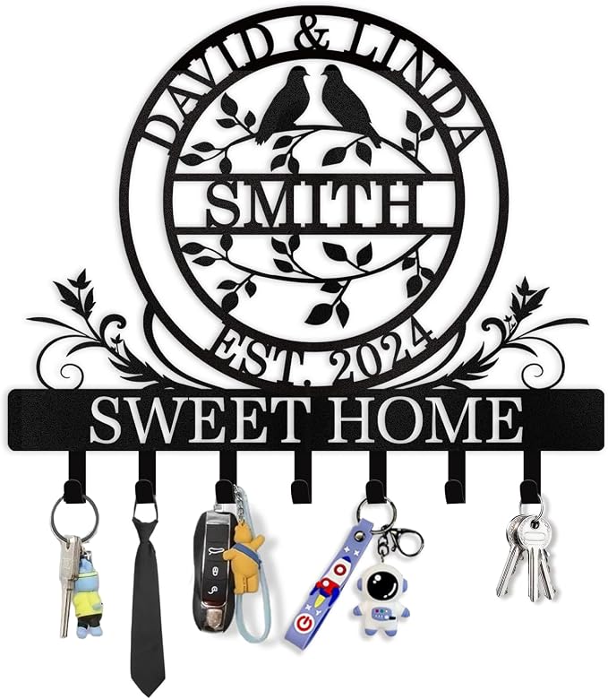 Dyoart Key Holder for Wall, Personalized Couple's Name Key Rack Coat Rack, Metal Key Holder Wall Mount for Housewarming Gifts, Key Hook Wall Hanging Bedroom Hallway Decor