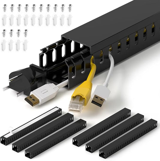 ZhiYo H1.4 W1.6 in Server Rack Cable Management Raceway, 99in (6X L16.5in) Cable Raceway Kit, Electrically Safe PVC Open Slot Wire Cord Hider for Under Desk/Computer/Network Cords, Black, H35 W40mm