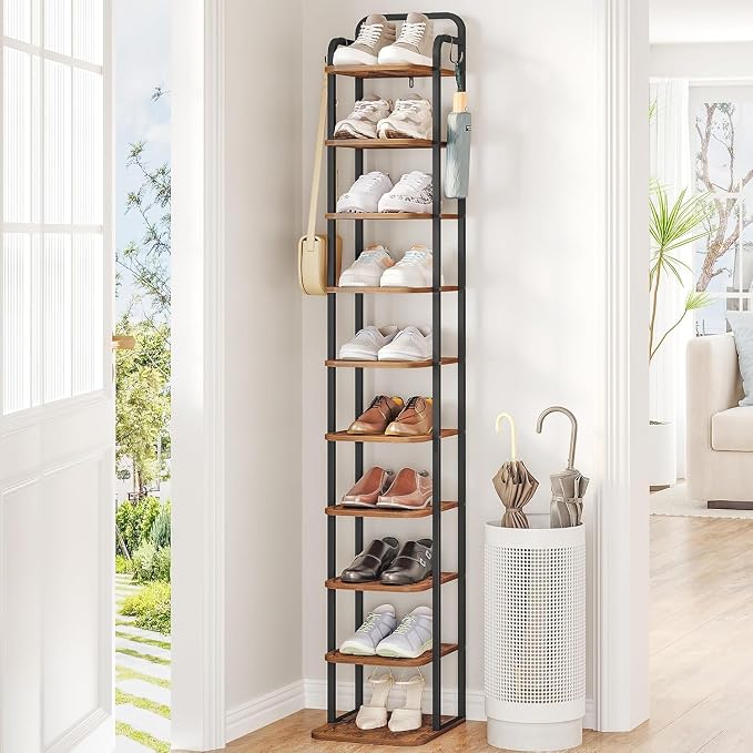 Hzuaneri 10 Tiers Vertical Shoe Rack, Narrow Shoe Tower, Tall Shoes Shelf with 2 Hooks, Adjustable Shelves, Corner Shoes Shelves for Small Spaces, Entryway, Living Room, Rustic Brown SR11201B