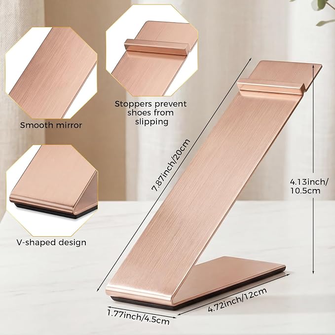 Therwen 4 Pcs Gold Shoe Display Stand Shoe Rack Stainless Steel Golden Metal Riser High Heel Display Rack Holder for Home Shopping Malls (Shape V,Rose Gold)
