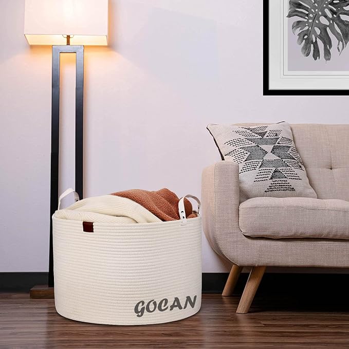 GOCAN Extra Large Storage Laundry Basket 22" X 22"X 14" Cotton Rope Woven Basket for Blanket Basket with Handles for Living Room Toys Storage XXXL (Cream)