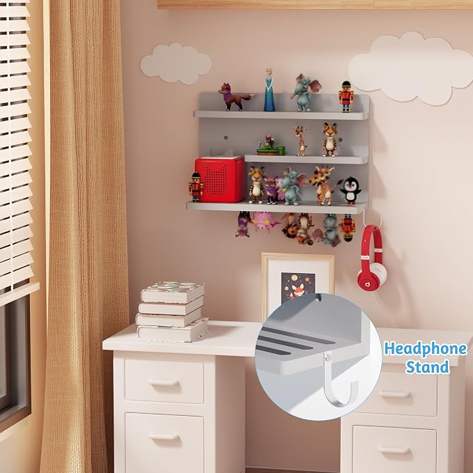 for Tonies Shelf Magnetic - 3 Tier Wooden Tonies Figure Organizer, Grey | Tonies Box Holder, Magnetic Display Shelf for Kids Room, Wall Floating Shelves Toy Storage Compatible Charging Station