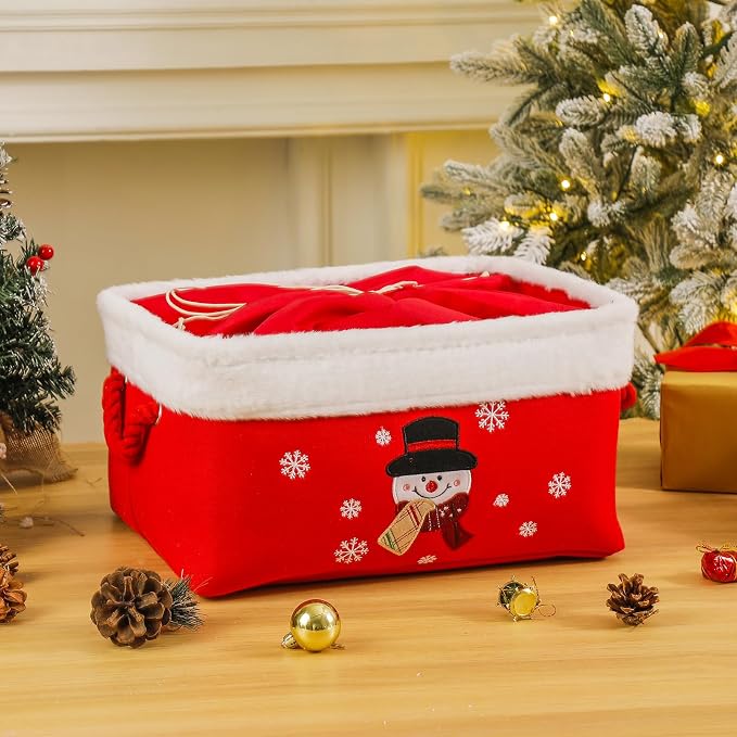 Christmas Gifts Baskets Empty Christmas Ornament Box Xmas Storage Baskets Canvas Toys Organizer Bin for Holiday, Snowman Raffle Basket Foldable Baskets for Nursery/Living room, Kids Toy Chest, Large