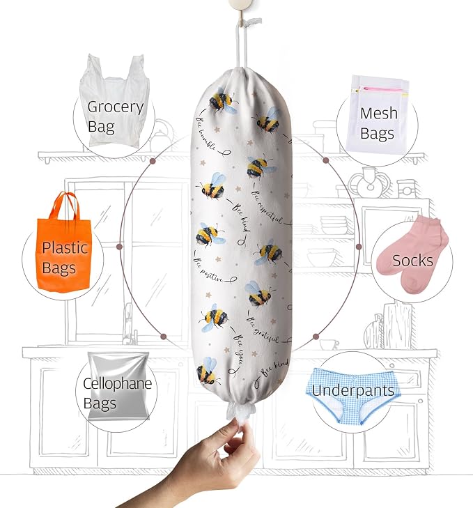 Bumble Bee Plastic Bag Holder,Grocery Bag Organizer Storage Funny Positive Bee Decor 23" x 9"
