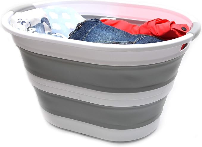 SAMMART 34L(8.98 Gallon) Set of 2 Collapsible Plastic Laundry Basket-Oval Tub/Basket-Foldable Storage Container/Organizer-Portable Washing Tub-Space Saving,Water Capacity 29L(7.66 Gallon) (2, Grey)
