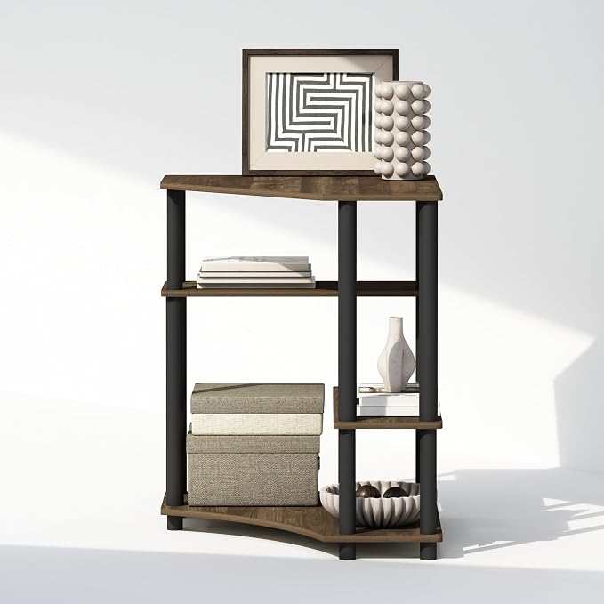 Furinno Turn-N-Tube Storage Shelves, 4-Tier Corner Shelf, Toolless Assembly Display Rack, Corner Bookshelf for Small Space, for Organization and Storage, Living Room, Home Office, Columbia Walnut