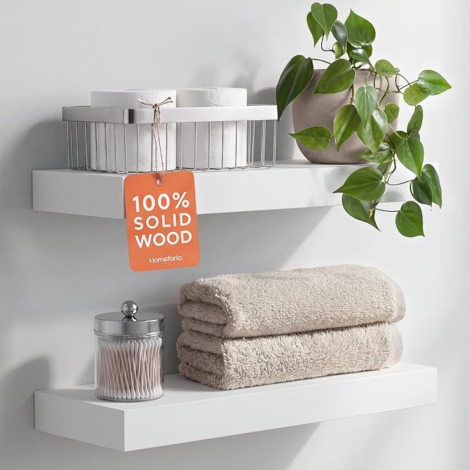 Homeforia White Floating Shelf 18 inch, High End Solid Real Wood 18inch Bathroom Floating Shelves for Wall Mounted, White Wooden 18in Floating Shelves, Heavy Duty Bracket, 18 X 6.5 X 1.75 in, Set of 3