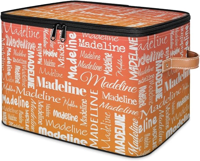 Custom Storage Basket with Name, Personalized Keepsake Box with Zipper Lid, Foldable Fabric Memory Bin Large capacity with Handle Orange