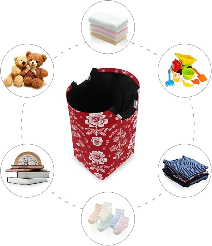 Geometric Arrangement Of White Florals Large Laundry Hamper Basket, Collapsible Laundry Bag Storage Bins Baskets with Handles for Laundry, Bedroom, Home Decor