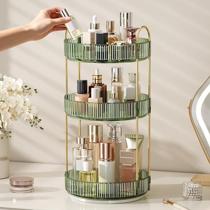 360° Rotating Makeup Organizer, Large Capacity Skincare Organizer, 3 Tier Cosmetic Skin Care Perfume Dresser Organizer, Fits Cosmetics, Perfume, Skin Care, Lipstick
