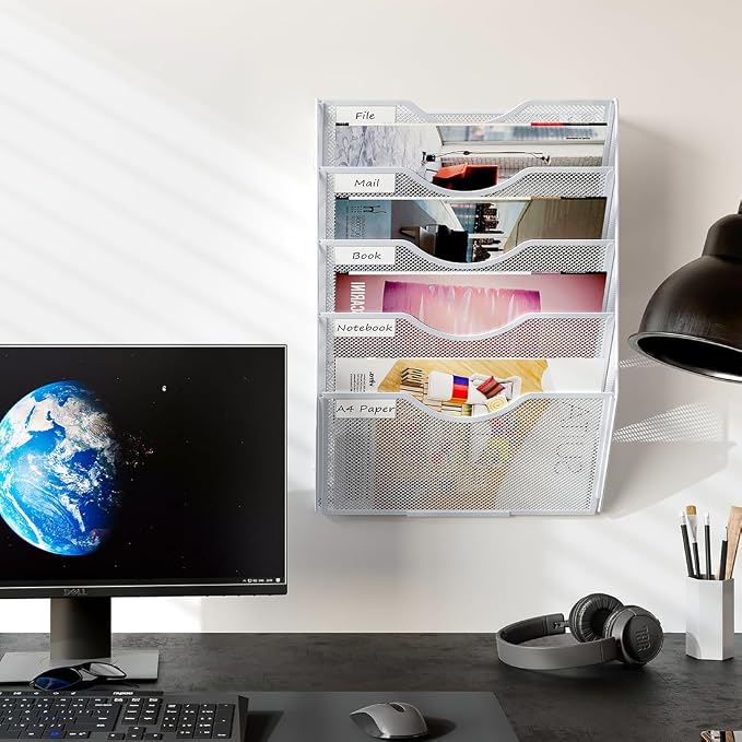 PAG Hanging Wall File Holder, 5 Tier Mail Sorter for Wall, Mesh Office Wall Organizer For Papers/Folders/Files Clipboard & Magazine, White