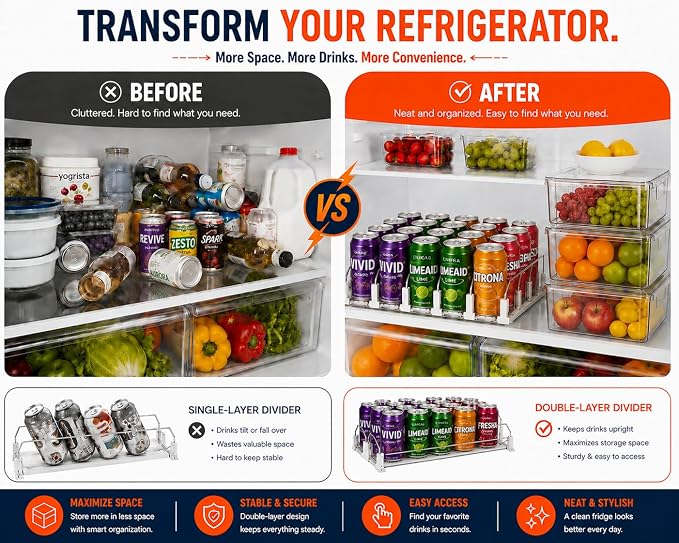 Drink Organizer for Fridge with Cleaning Brush, Soda Can Dispenser for Refrigerator, Automatic Drink Dispenser for Fridge Holds up to 25 Cans, 5 Row Adjustable Organizer with Smooth Pusher Glide Black