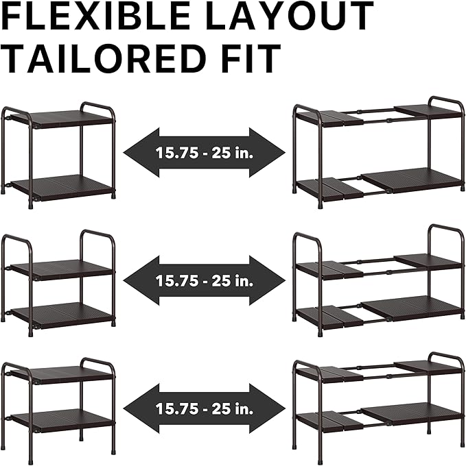 Simple Houseware Under Sink 2-Tier Heavy Duty Expandable Rack Organizer, Adjustable Width 15.75–25 Inches with 4 Shelf Height Levels, Bronze