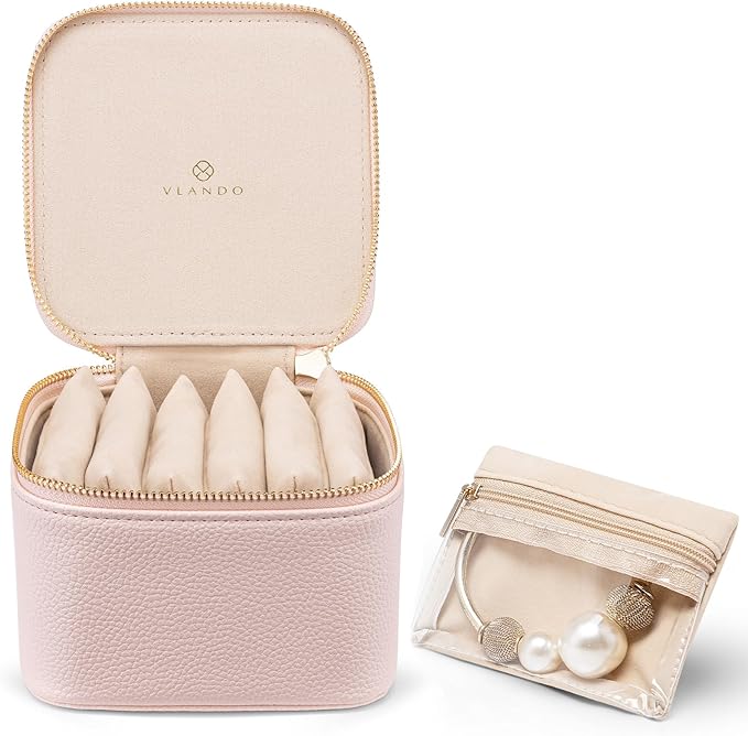 VLANDO Travel Jewelry Organizer Case with 6 Clear Velvet Zipper Pouches, Faux Leather Jewelry Storage Box for Rings, Earrings, Necklaces and Bracelets, Gift for Women Girls