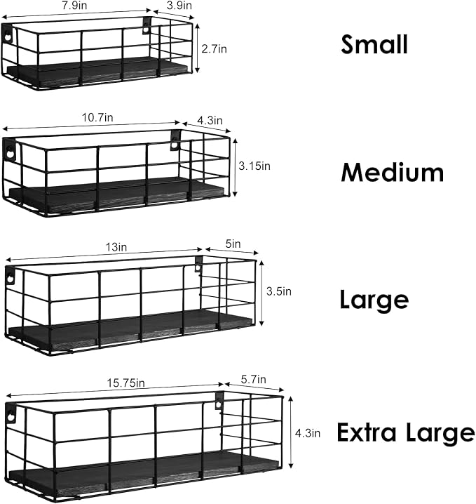 Fixwal 4 Set Floating Shelves - Hanging Wall Mounted Shelves for Living Room, Kitchen, Bedroom & Bathroom - Decorative Storage (Black)