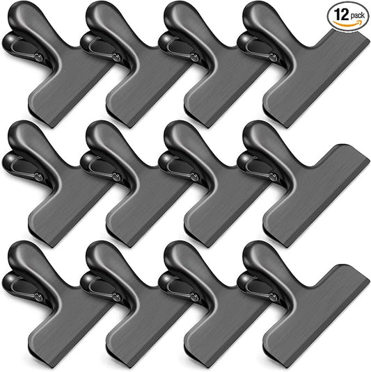 12 Pack Stainless Steel Chip Clips, Bag Clips for Food, Heavy Duty Chip & Bag Clip for Kitchen and Office to Seal Coffee Bags, Paper Sheets, Metal Clip Air Tight Seal-3 Inches (Black)