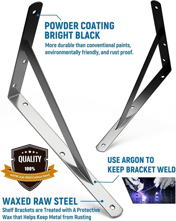 4-Pack 18 Inch Heavy Duty Shelf Brackets, Large Floating Wall Bracket for Garage Storage Shelves, Black Powder-Coated Finish, Load Capacity 800lbs