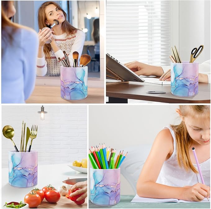 Large Capacity Colored Pen Holder for Desk, Leather Pencil Holder Pen Cup Marker Holder Makeup Brush Holders, Desk Accessories & Workspace Organizers for Home, Office, Pink Blue Marble
