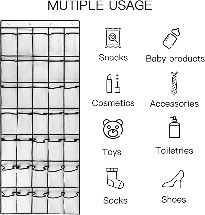 1 Pack 35 Breathable Mesh Pockets Large Hanging Shoe Organizer Over The Door Shoe Rack for Closet Door Storage Shoe Holder Hanger, 4Hooks, White (67.7'' x 26.4'')