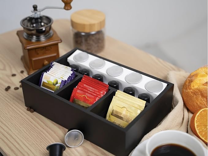 Tea Bag Organizer Black Wood Tea Bag Holder 4 Compartments Coffee Drawer | Large Capacity Sugar Packet Holder Coffee Station Organizer Tea Bags Caddy Drawer Storage Container for Countertop