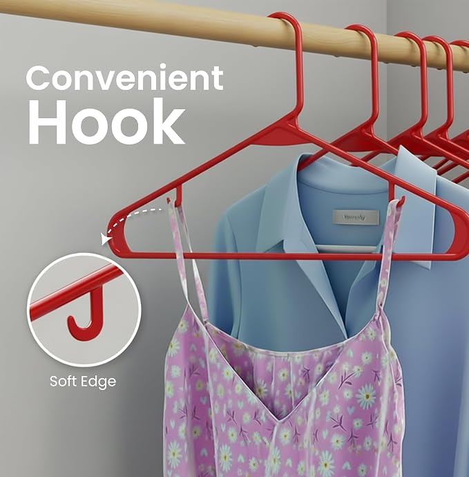 Utopia Home Plastic Hangers 50 Pack – Built-in Strap Hooks Red | Space saving | Durable & strong | Closet organizer | Clothes hangers | Ideal for shirts, pants, skirts & coats