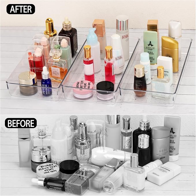 6Pcs Clear Plastic Drawer Organizers Tray 12" x 6.2" Storage Bins with 25Pcs Non-Slip Pads for Makeup, Jewelries, Kitchen Utensils, Bathroom and Office