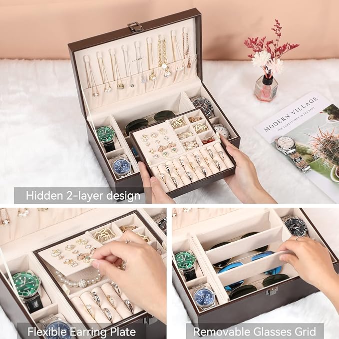 LANDICI Jewelry Box Organizer for Men Women, 2 Layer 4 Slot Watch Storage Case with Removable Tray, PU Leather Large Jewellery Holder Display for Watches Sunglasses Rings Earrings Necklace, Coffee