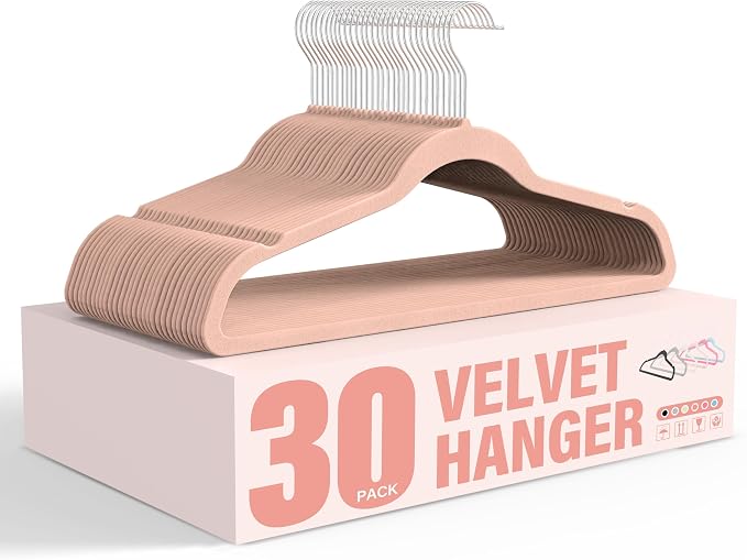 Simple Deluxe Velvet Hangers 30 Pack, Non-Slip Clothes Hangers with Shoulder Notches, 360° Swivel Hooks, Heavy Duty Coat Suit Hangers for Closet Space Saving, Pink