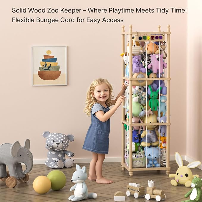 Stuffed Animal Storage Zoo, 57" Tall Solid Pine Wood Toy Organizer with Exclusive 3D Sign, Large Vertical Plushie Cage Holder with Elastic Cords for Playroom Corner & Nursery Decor XL