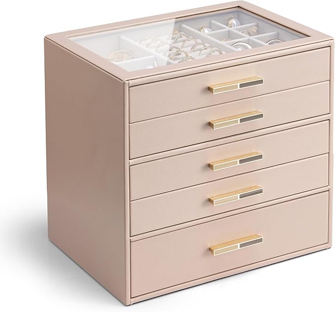 VLANDO 5-Drawer Jewelry Box with Glass Lid, Faux Leather Organizer for Rings Earrings Necklaces and More, Gift-Ready Jewelry Case for Women Girls or Moms, White