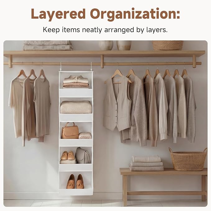 StorageWorks Basics Hanging Closet Organizer, 5-Shelf Wide Trapezoid Closet Shelves with Reinforced Anti-Sagging Support for Sweaters, Hoodies and Handbags, Foldable Storage Organizer, Beige