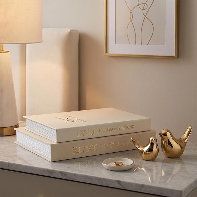 Linen Decorative Book Storage Boxes - Set of 2 Faux Books for Coffee Table Decor, Neutral Fake Book Props for Hiding TV Remotes & Entryway Styling (Khaki & Off-White)