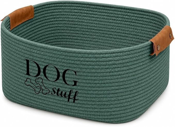 Geyecete Square Dog toy basket storage Cotton Rope Storage Basket Pet/Pet Toy And Accessory Storage Bin Doy Toy Box-Green