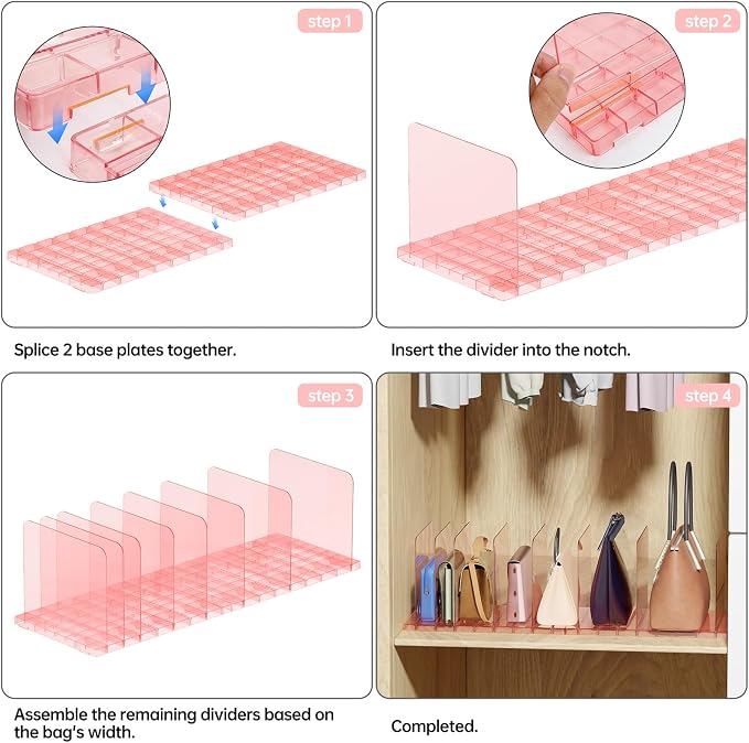 PAVSTINE 2 Pack Purse Organizer for Closet, Stackable Storage Shelf, Pink | Adjustable Clear Shelf Dividers, Keep Clutch, Bag, Pocketbook Upright, Stackable to Save Space, for Bedroom