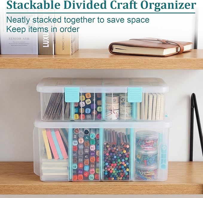 BTSKY Clear Plastic Dividing Storage Box with 4 Compartments Adjustable Storage Bin with Lid Plastic Craft Storage Container Multipurpose Sewing Box Art Supply Organizer, 13.3x8.1x3.4 Inches