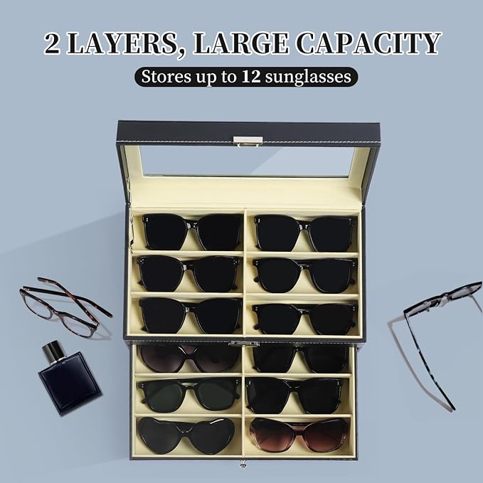 AUTOARK Leather 12 Piece Sunglass Storage Display Case,Black,AW-023 | Eyeglasses Organizer,Drawer Style,Lockable,Glass Top