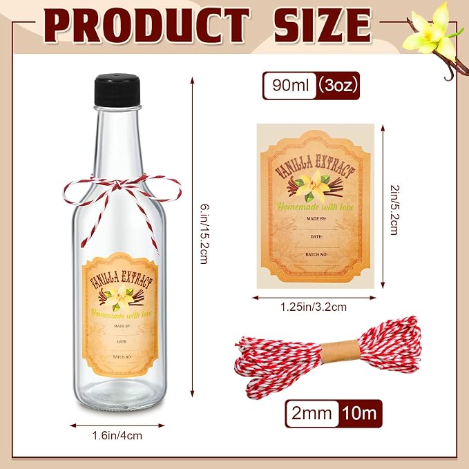 Tioncy 16 Pcs Empty Vanilla Extract Bottles for Homemade Vanilla Jar Glass Bottle with Cap, Shrink Band, Sticker DIY Crafts Wedding Gift Food Storage Canister for Bean(Black, Red, Gold,3 oz)