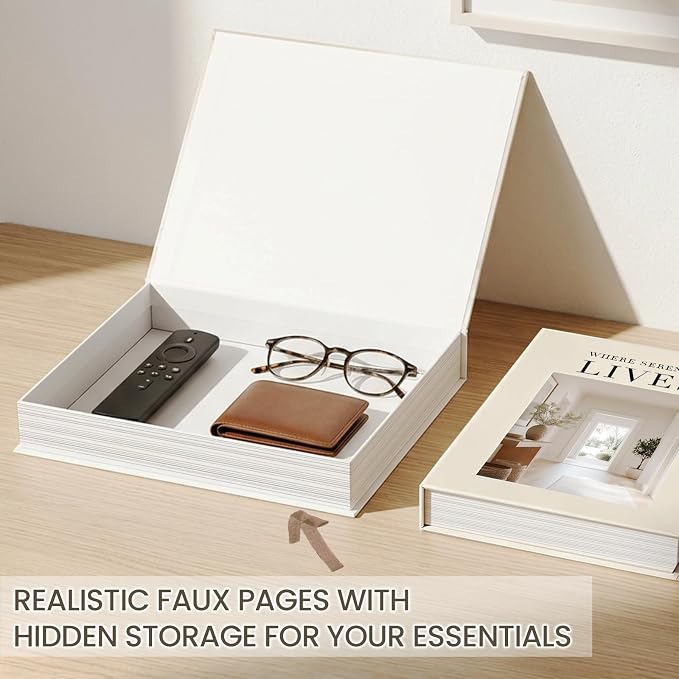 Decorative Books for Neutral Home, Fake Books Storage Boxes for Decoration | Set of 2 Coffee Table Books with Hidden Storage, Stackable Photo Keepsake Box for Living Room Bookshelf Decor, Beige