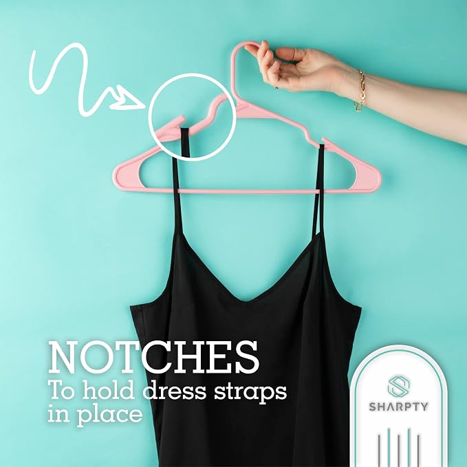 Sharpty Plastic Hangers Clothes Hangers for Clothing, Closet, Coats & Shirts - Notched, Durable, Space Saving - for Everyday Standard Use, Room Essentials & Basics - 50 Pack - Pink