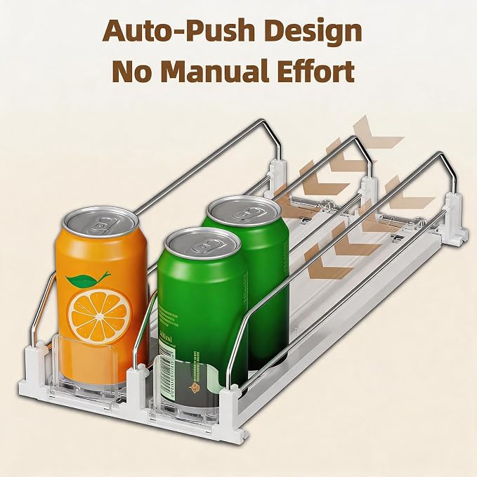 HIYOHIYO 6 Row Automatic Soda Can Organizer for Refrigerator, Depth 15" | Auto Push, Adjustable Width, Automatic Pushing Drink Dispenser for Fridge, Spring Loaded Can Pusher Holds up to 30 Cans