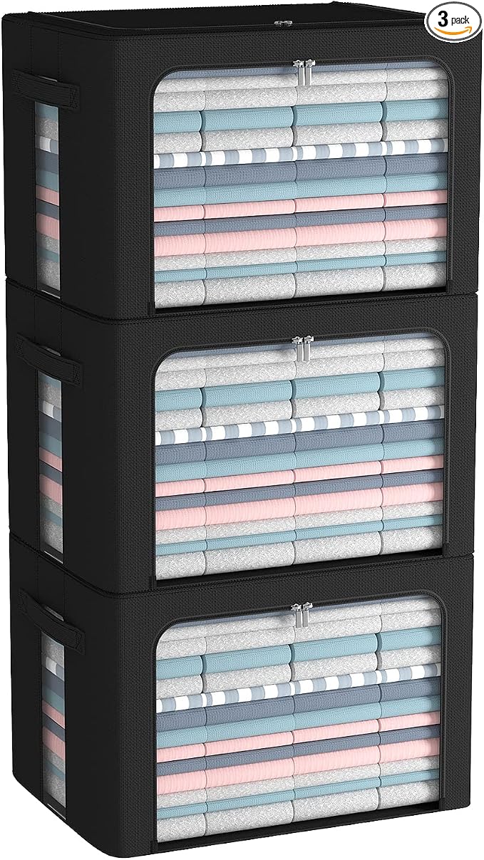 CYhom 3Pack Frame Storage Box - Clothes Storage Bin Bags Oxford Fabric Foldable Stackable Container Organizer Set with Clear Window & Carry Handles (Black, Large-66L)