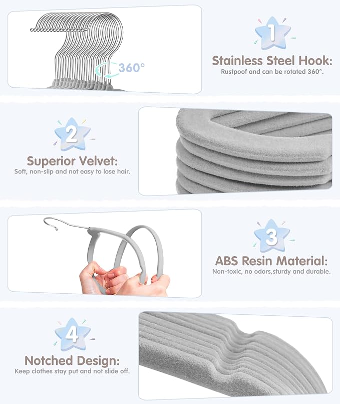 VIS'V Velvet Baby Hangers with 6 Pcs Size Dividers, 11 Inch, Gray, 30 Pcs | Compact Size, Non Slip, Infant Toddler Nursery Closet Organization