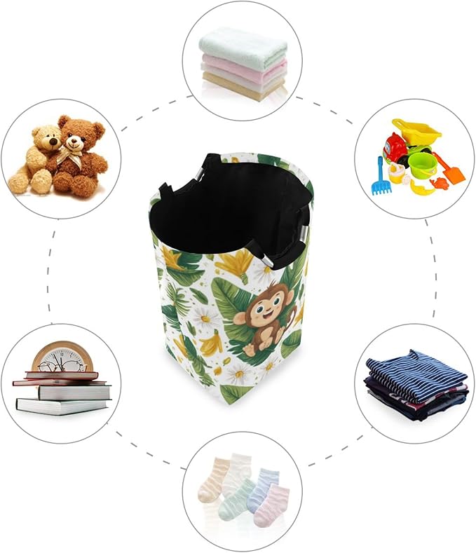 Sunny Monkey with Daisies Large Laundry Hamper Basket, Collapsible Laundry Bag Storage Bins Baskets with Handles for Laundry, Bedroom, Home Decor