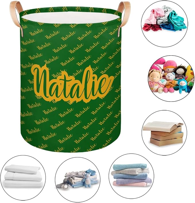 Personalized Laundry Basket, Custom Gift Laundry Hamper, Collapsible Nursery Waterproof Laundry Baskets, Dirty Clothes Toy Hamper with Handles Name Gold Green