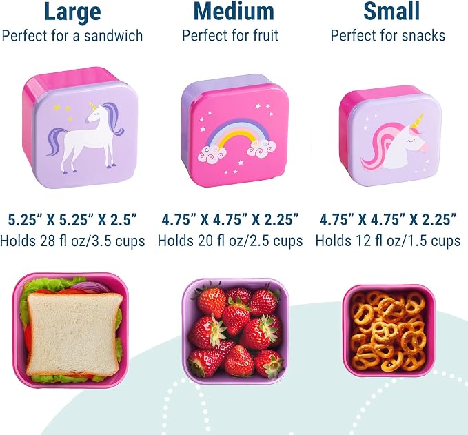 Wildkin Set of 3 Kids Nesting Food Containers for Girls – Stackable, Airtight & BPA-Free Snack Containers, Dishwasher Safe Lunch Box Containers for School & Travel, Ages 3–12 – Unicorn